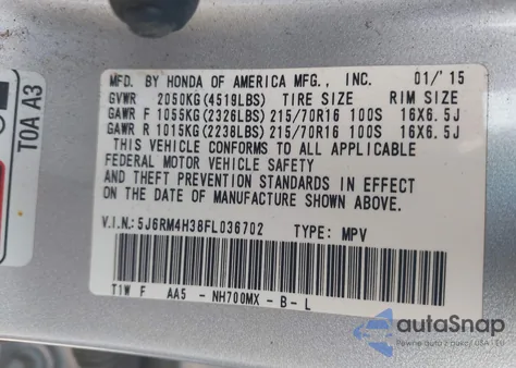 2015 Honda Cr-V Lx z USA, uszkodzony, nr VIN 5J6RM4H38FL036702